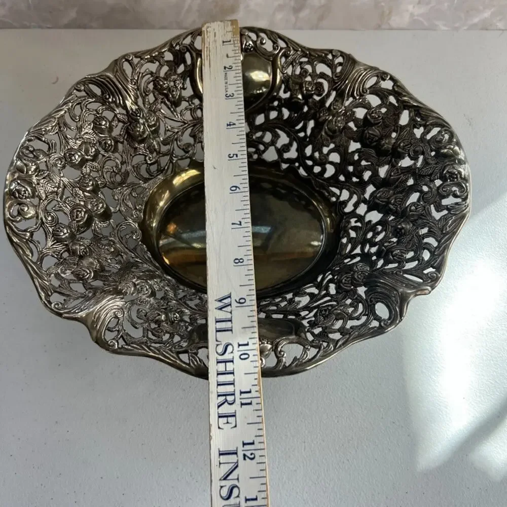 Vintage Silver Color Metal Art Ornate Repousse Victorian Bread Serving Bowl